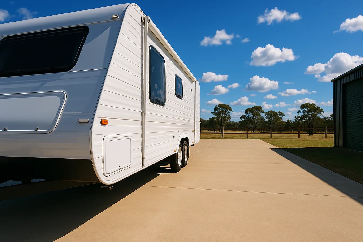 White touring caravan parked in open residential yard with eucalyptus trees